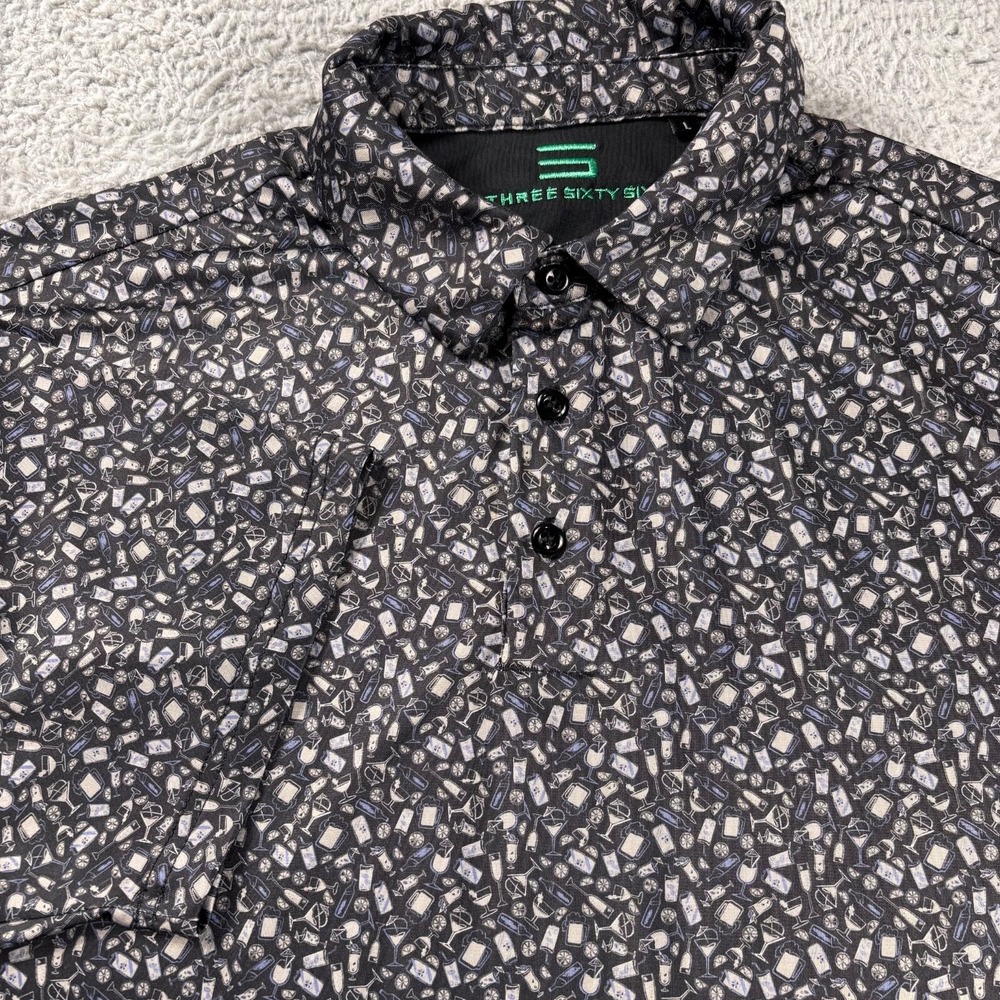 Mens Drinking Party Polo Shirt L Black Drink Glass Alll Over‎ Print Stretch Golf